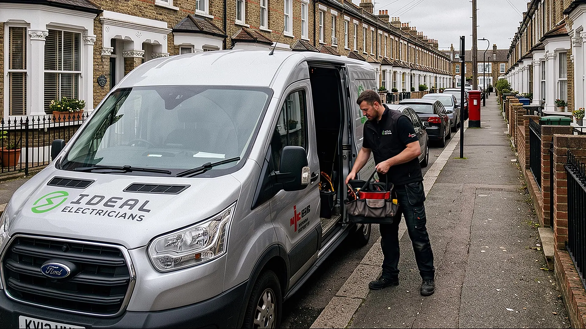 An Ideal Electricians engineer lifting a tool bag from the van on a terraced street