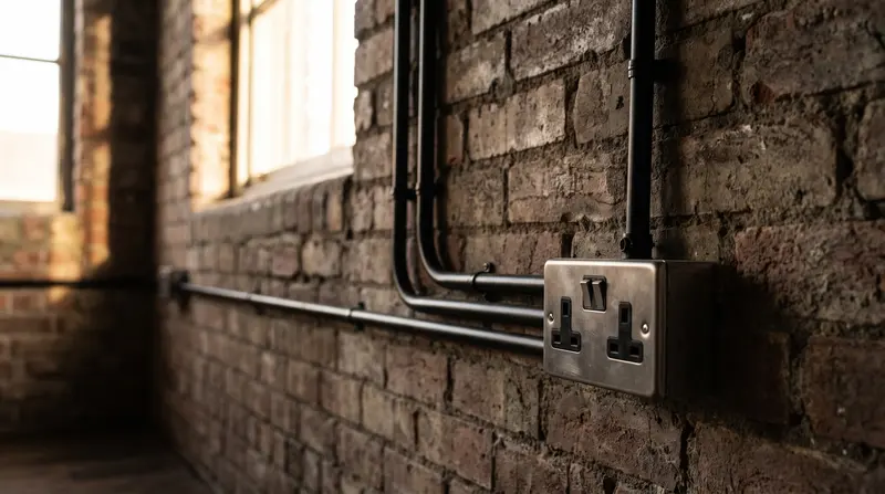 Surface conduit running across exposed brick to a metal-clad socket — additional circuits in Woolwich