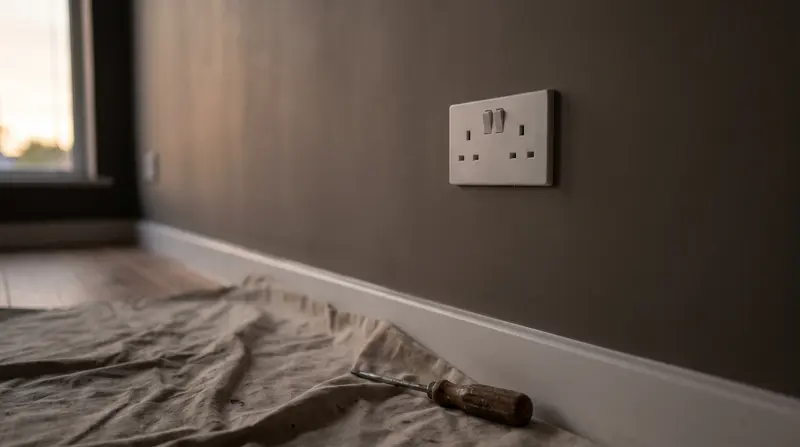 A newly fitted flush socket on a smooth painted wall — additional sockets and circuits in Canning Town