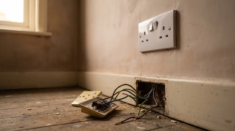 A new double socket fitted on a painted wall, the old one on the floor — additional sockets and circuits in Pitsea