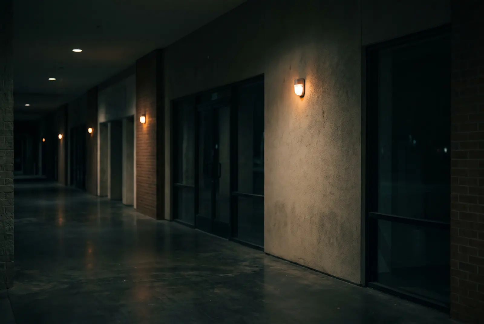 A commercial corridor lit only by its emergency lighting