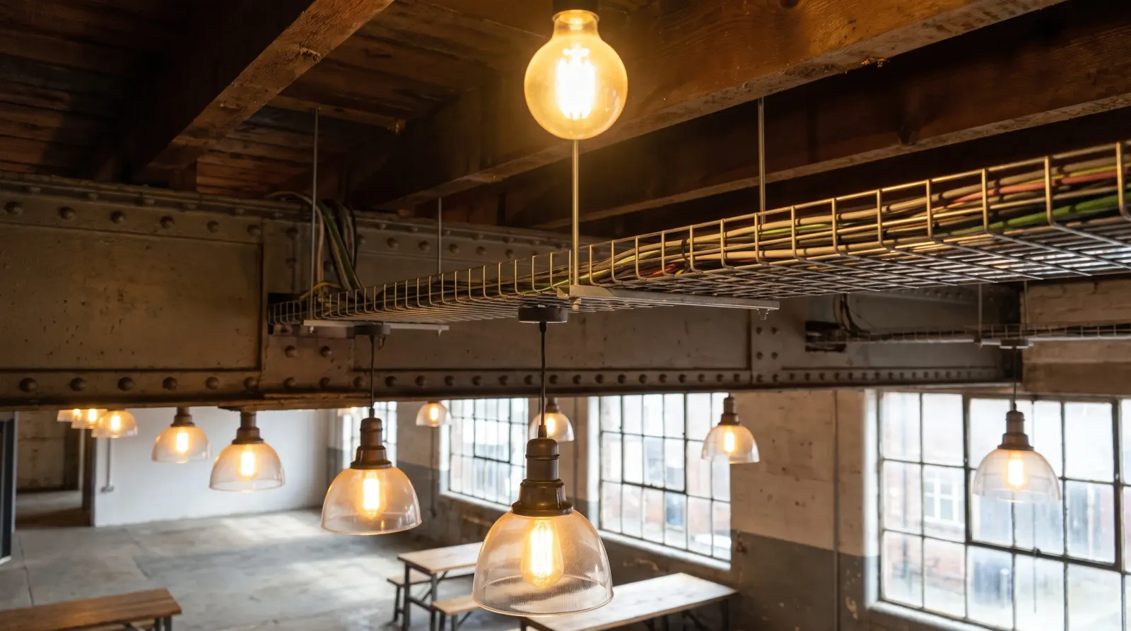 Cable tray under the exposed ceiling of a converted industrial building — the kind of lighting installation an electrician in Limehouse is called out for