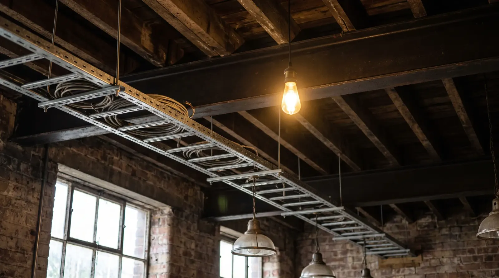 Cable tray under the exposed ceiling of a converted industrial building — lighting installation in Woolwich