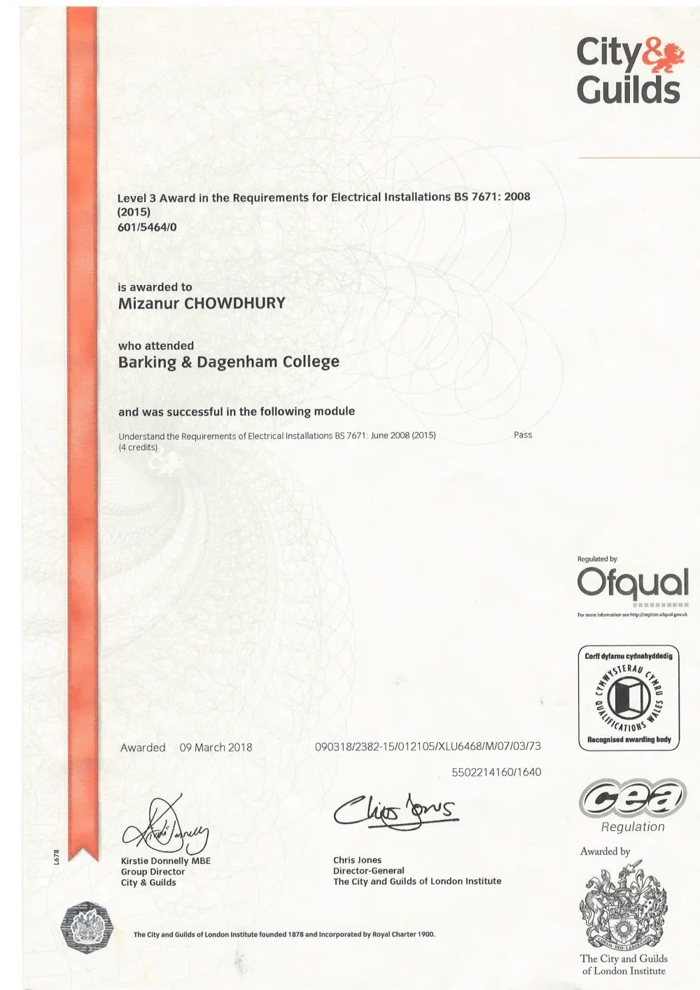City & Guilds certificate: Level 3 Award in the Requirements for Electrical Installations BS 7671:2008 (2015), awarded 9 March 2018