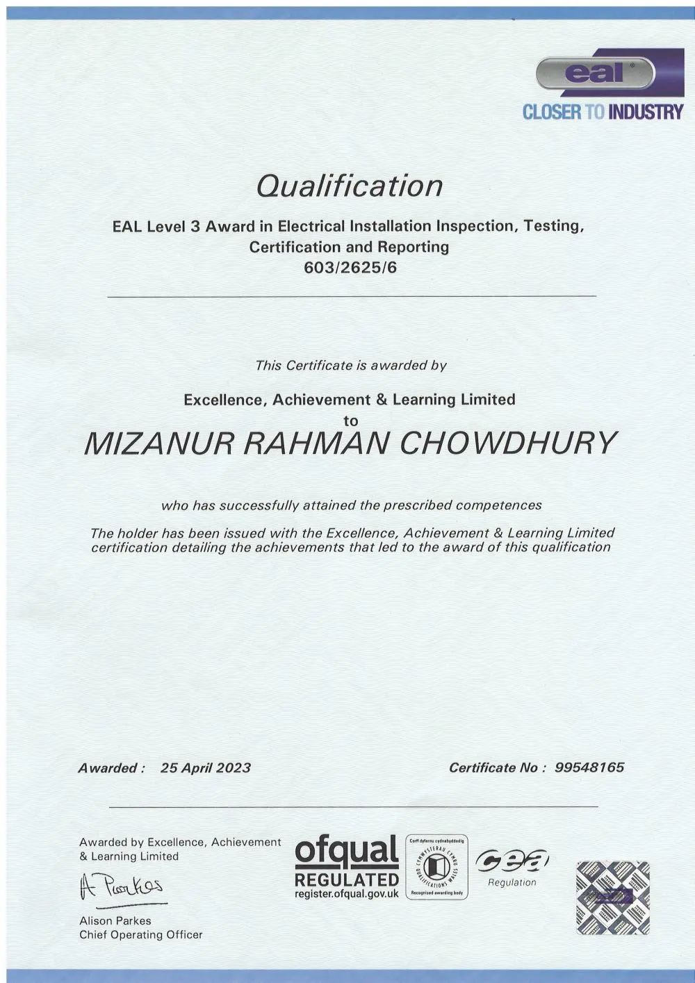 EAL certificate: Level 3 Award in Electrical Installation Inspection, Testing, Certification and Reporting, awarded 25 April 2023
