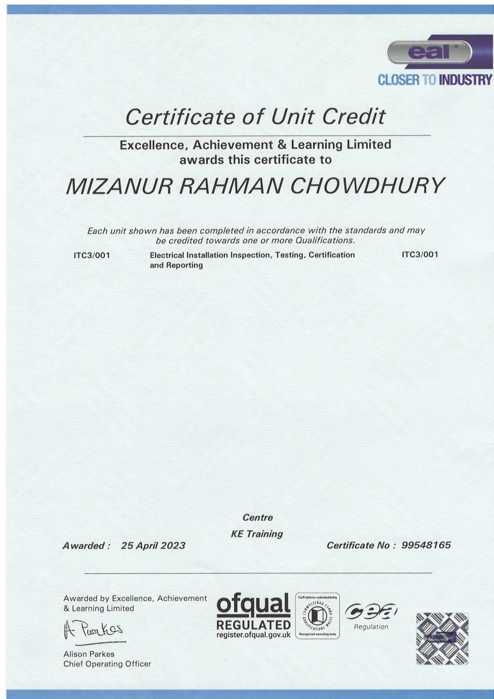 EAL certificate: Certificate of Unit Credit — Electrical Installation Inspection, Testing, Certification and Reporting, awarded 25 April 2023
