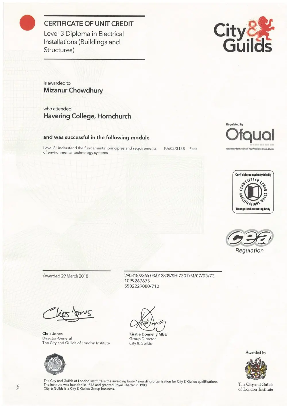 City & Guilds certificate: Certificate of Unit Credit — Environmental Technology Systems, awarded 29 March 2018