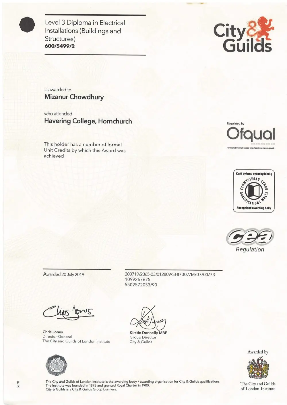 City & Guilds certificate: Level 3 Diploma in Electrical Installations (Buildings and Structures), awarded 20 July 2019