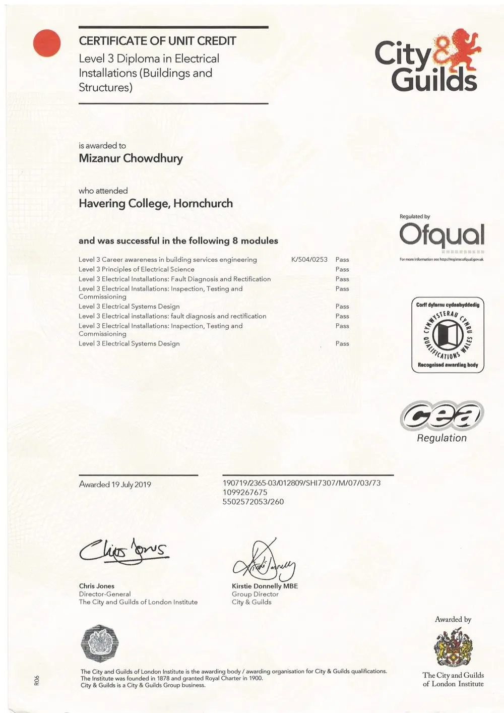 City & Guilds certificate: Certificate of Unit Credit — Level 3 Diploma in Electrical Installations, awarded 19 July 2019