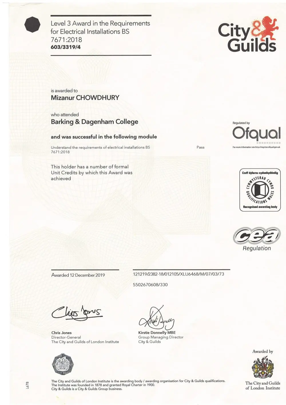 City & Guilds certificate: Level 3 Award in the Requirements for Electrical Installations BS 7671:2018, awarded 12 December 2019
