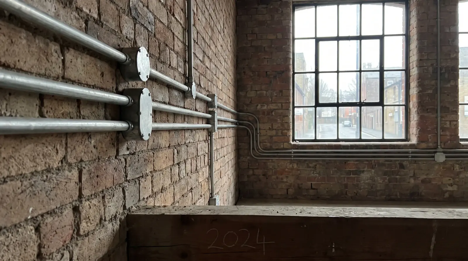 Surface conduit run along exposed brick in a warehouse conversion — the kind of new sockets and lighting an electrician in Wapping is called out for