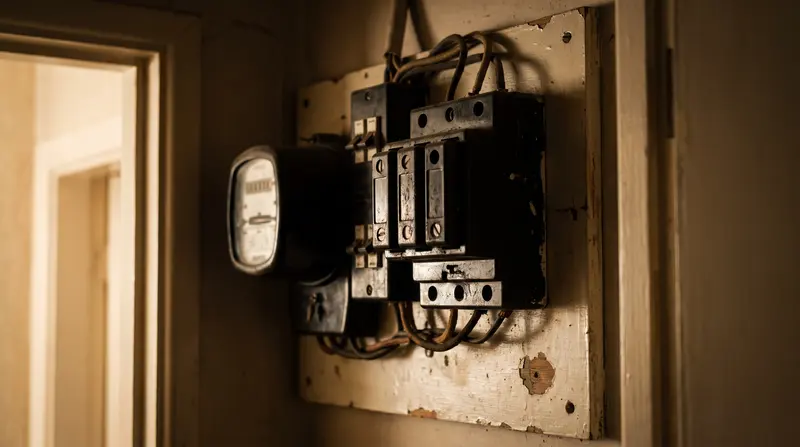 An original 1960s fuse box and meter in a hallway cupboard — consumer unit upgrades in Pitsea