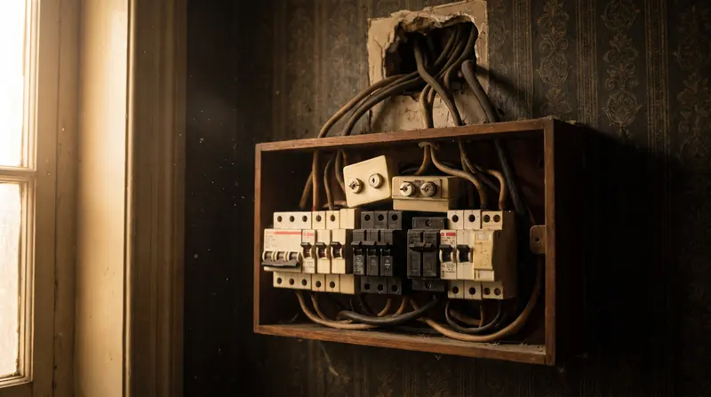 A crowded older consumer unit in a Victorian hallway — consumer unit upgrades in Wanstead