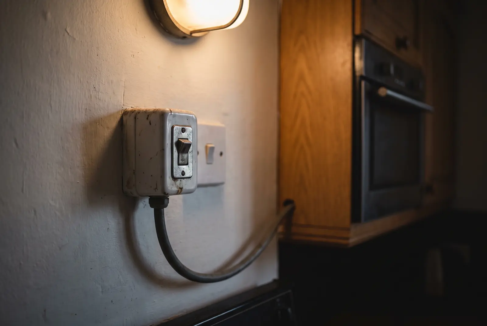 A cooker control unit and outlet plate with heavy cable entering it