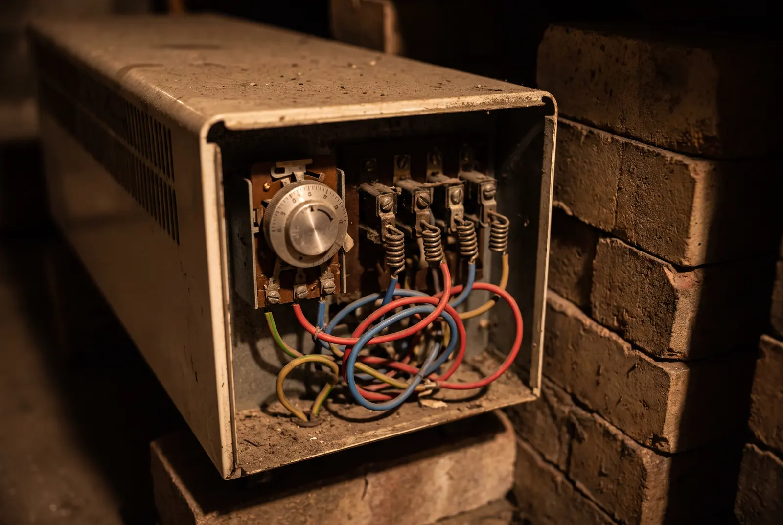 The open control end of a storage heater showing the thermostat and element wiring