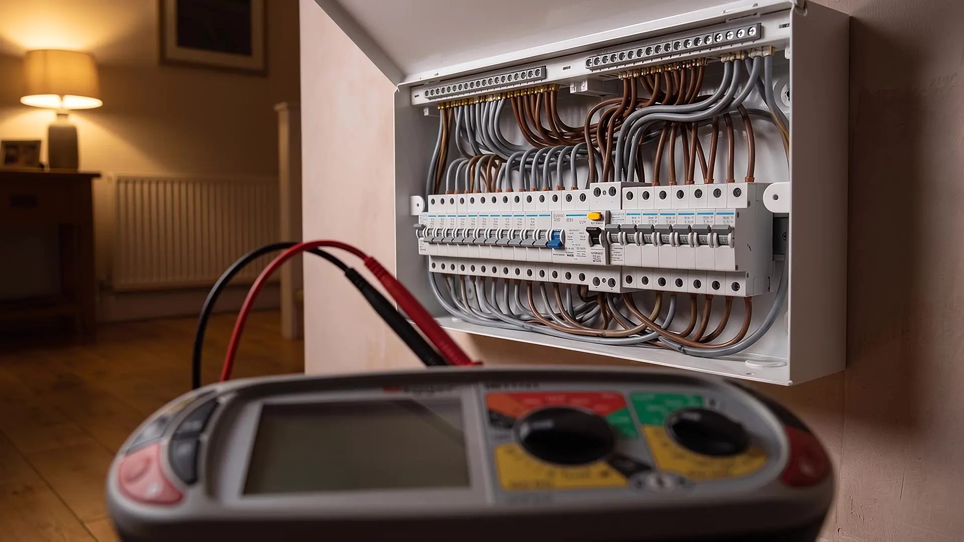 An insulation resistance tester clipped into a modern consumer unit in a hallway