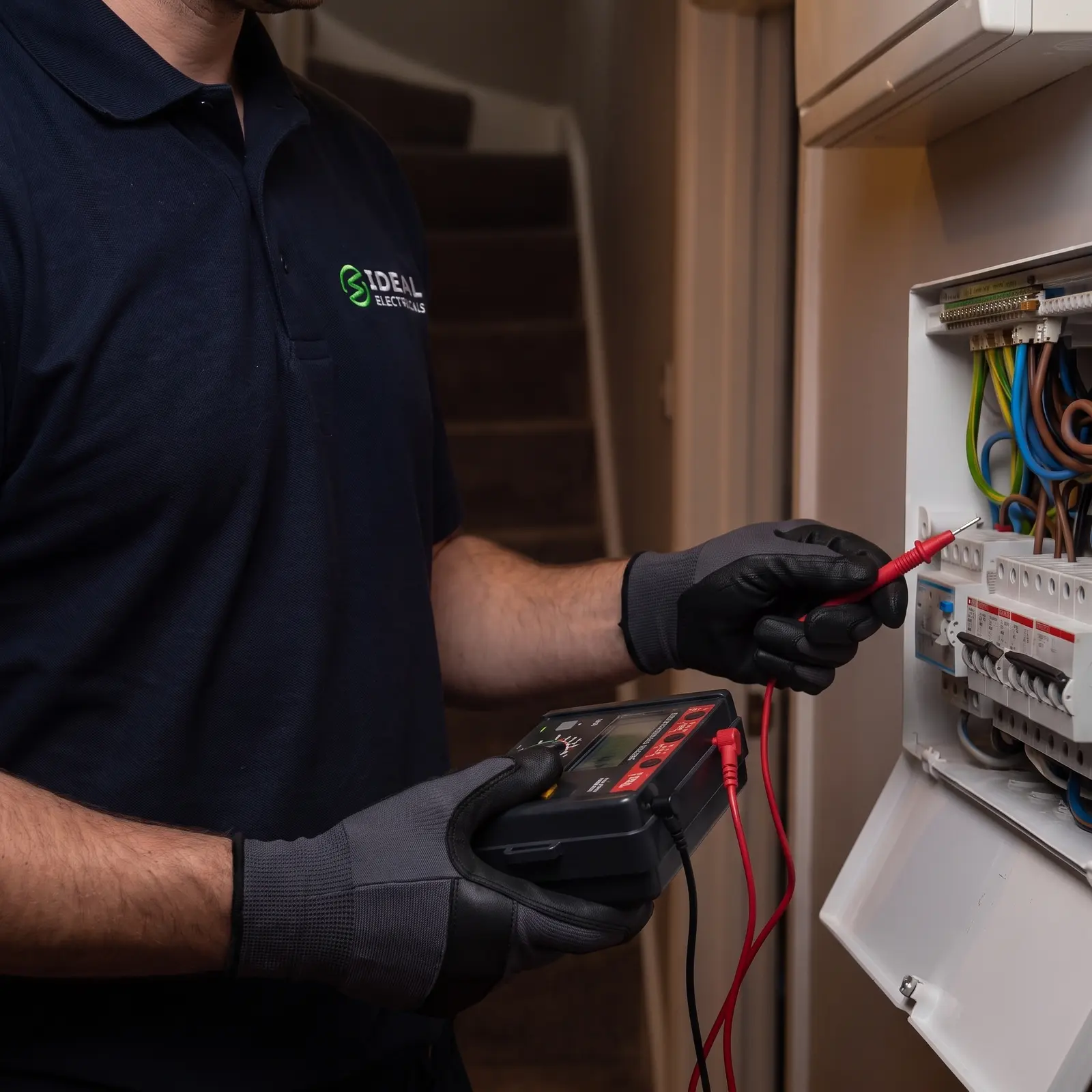 An Ideal Electricians engineer testing at an open consumer unit in a hallway