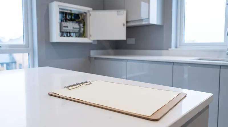 An inspection form on a worktop with the consumer unit open behind — eicrs in Canning Town