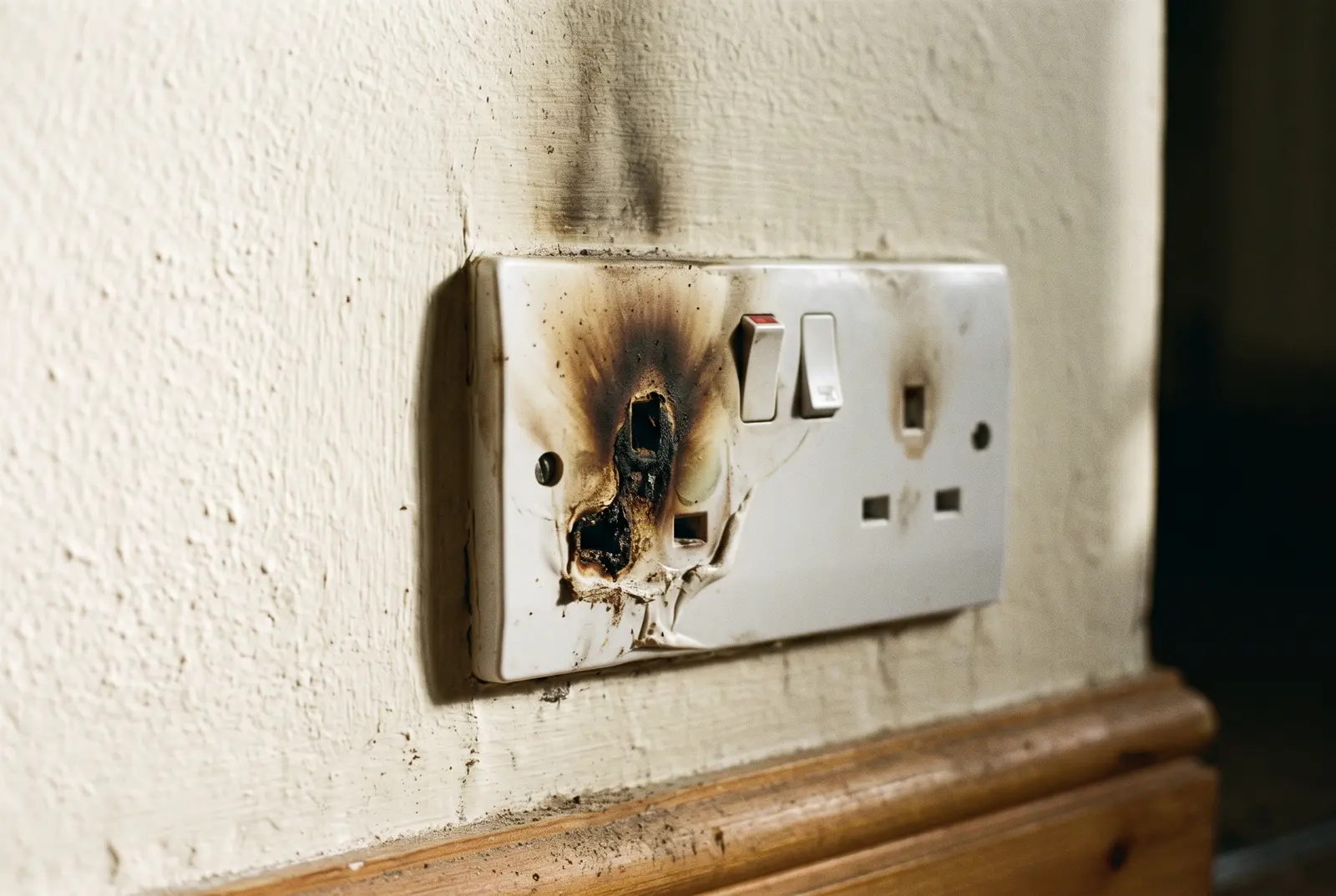 A wall socket showing heat damage and scorching around the pin holes
