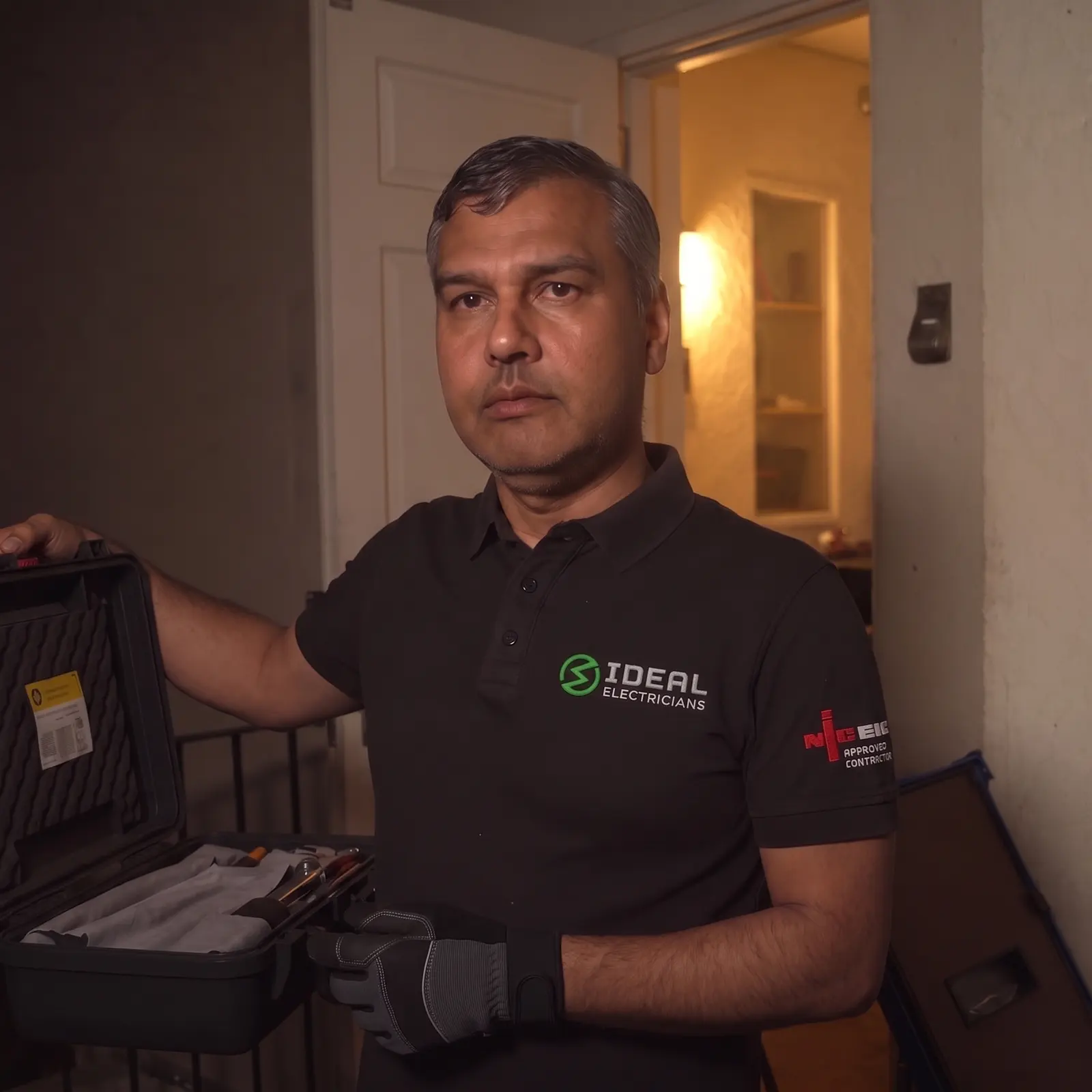 An Ideal Electricians engineer arriving at a front door at night with a tool case