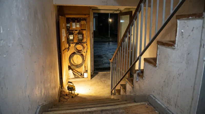 A stairwell to flats above a shop with the meter cupboard open, found by an emergency electrician in Barking