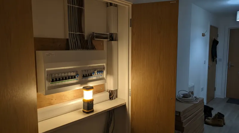 A consumer unit fitted with RCBOs in a new flat, found by an emergency electrician in Beckton