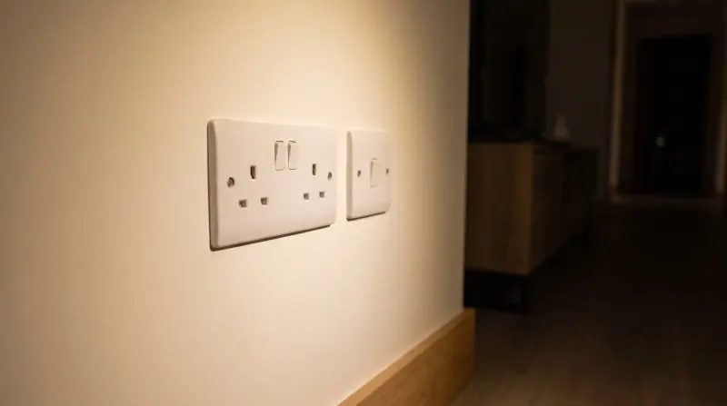 A flush socket and switch plate in a modern flat, examined on an emergency call-out in Beckton