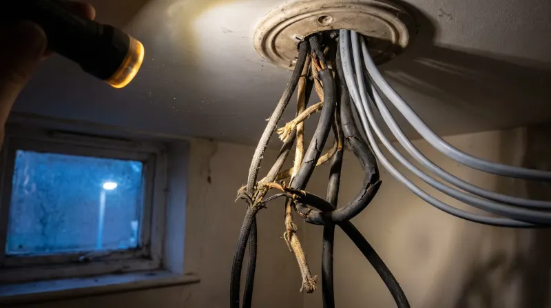 Perished rubber-sheathed cable exposed at a ceiling rose, found by an emergency electrician in Bethnal Green