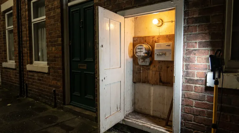 A meter cupboard beside the front door of a terraced house, examined on an emergency call-out in Bethnal Green