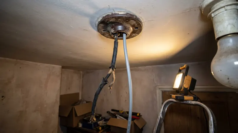 Perished rubber-sheathed cable exposed at a ceiling rose, examined on an emergency call-out in Blackheath