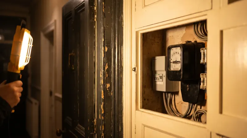 A meter cupboard beside the front door of a terraced house, found by an emergency electrician in Blackheath