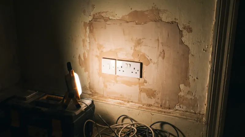 A new switch and socket on a replastered wall, found by an emergency electrician in Bow