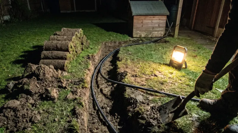 Armoured cable laid in a trench across a lawn to a garden office, found by an emergency electrician in Buckhurst Hill