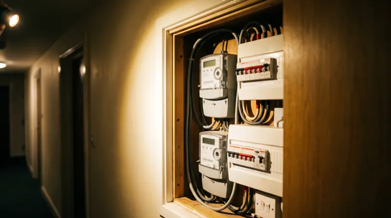 An electrical riser cupboard in a modern apartment block, found by an emergency electrician in Canary Wharf