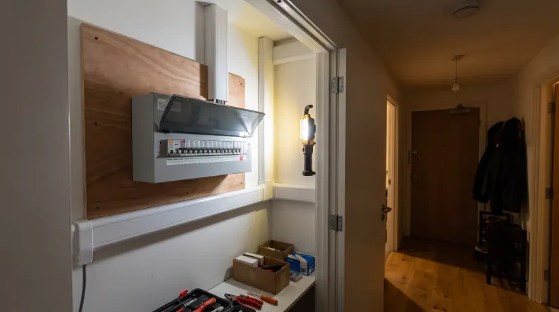A consumer unit fitted with RCBOs in a new flat, examined on an emergency call-out in Canning Town