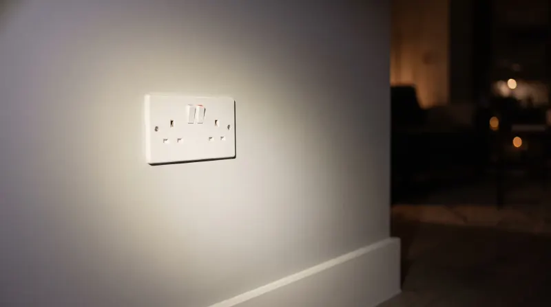 A flush socket and switch plate in a modern flat, found by an emergency electrician in Canning Town