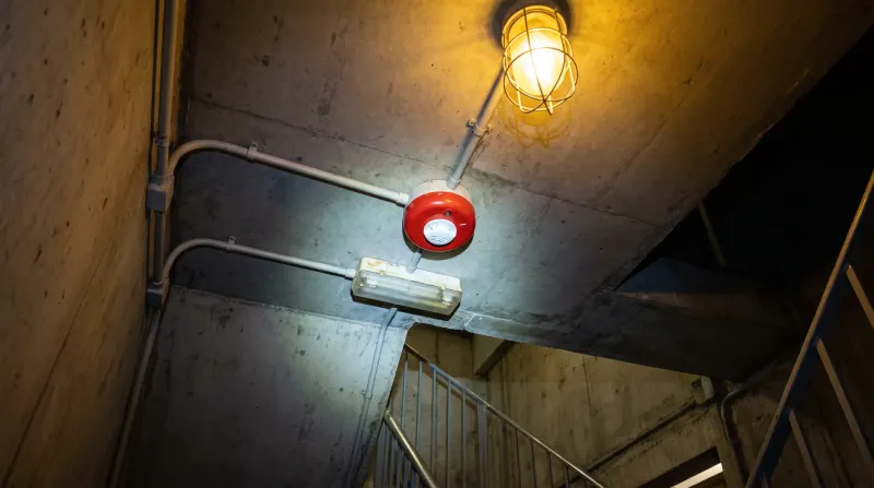 An emergency light and fire alarm sounder in a commercial stairwell, examined on an emergency call-out in Central London