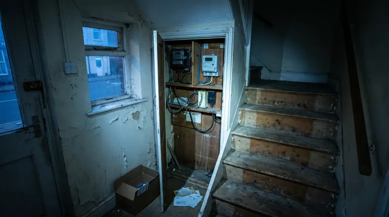 A stairwell to flats above a shop with the meter cupboard open, found by an emergency electrician in Central London