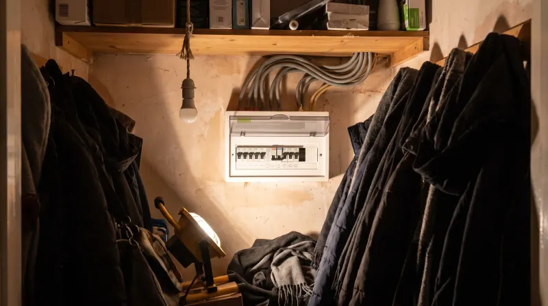 A consumer unit in the under-stairs cupboard of a 1930s semi, found by an emergency electrician in Chadwell Heath