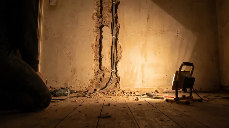 A bedroom wall chased out for new cable, examined on an emergency call-out in Chadwell Heath