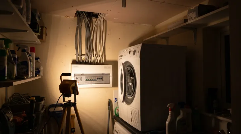 A consumer unit in the utility room of a detached house, examined on an emergency call-out in Chigwell