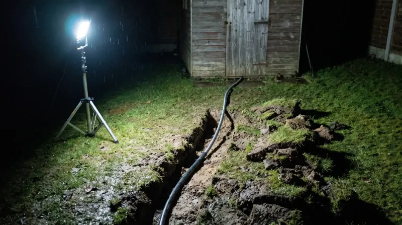 Armoured cable laid in a trench across a lawn to a garden office, found by an emergency electrician in Chigwell