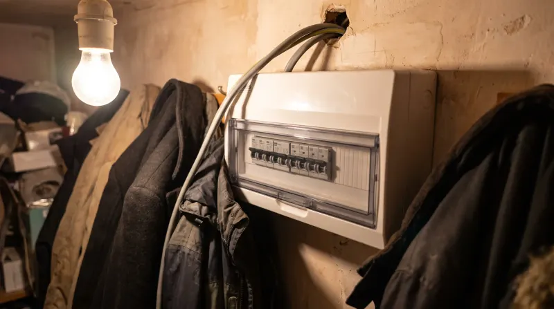 A consumer unit in the under-stairs cupboard of a 1930s semi, examined on an emergency call-out in Chingford