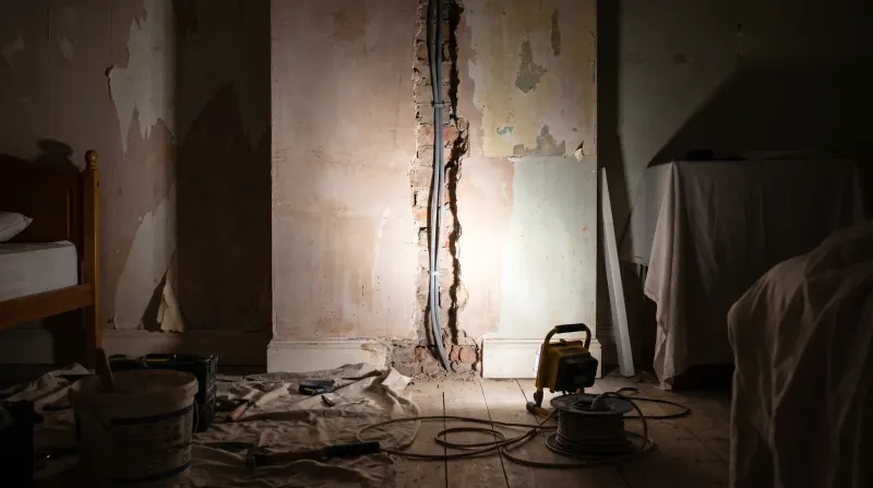 A bedroom wall chased out for new cable, found by an emergency electrician in Chingford