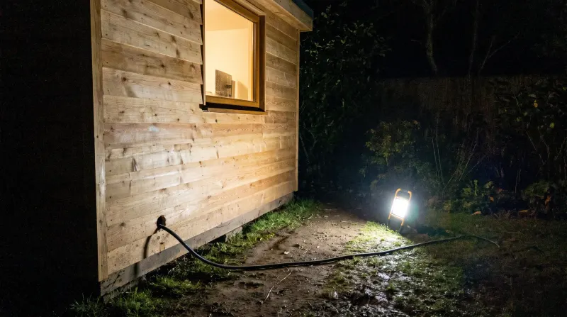 A garden office lit at dusk with armoured cable run to it, examined on an emergency call-out in Chislehurst