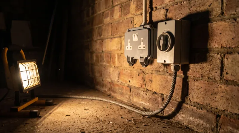 A weatherproof outdoor socket and isolator on a garage wall, found by an emergency electrician in Chislehurst