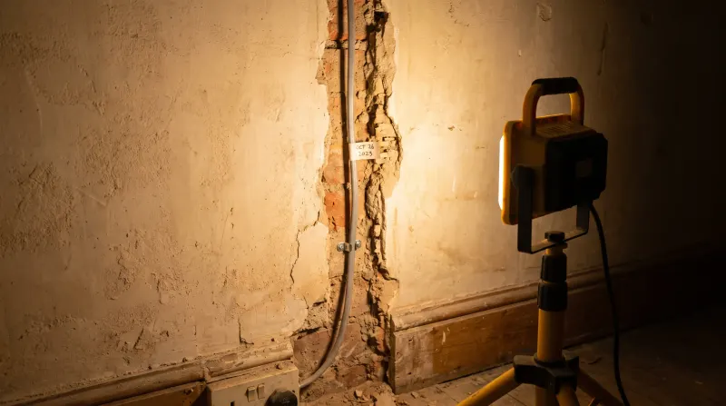 A bedroom wall chased out for new cable, found by an emergency electrician in Dagenham East