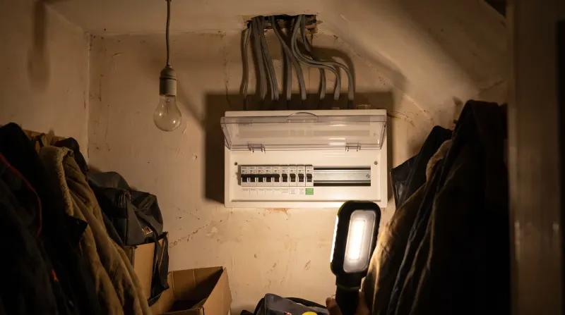 A consumer unit in the under-stairs cupboard of a 1930s semi, examined on an emergency call-out in Dagenham