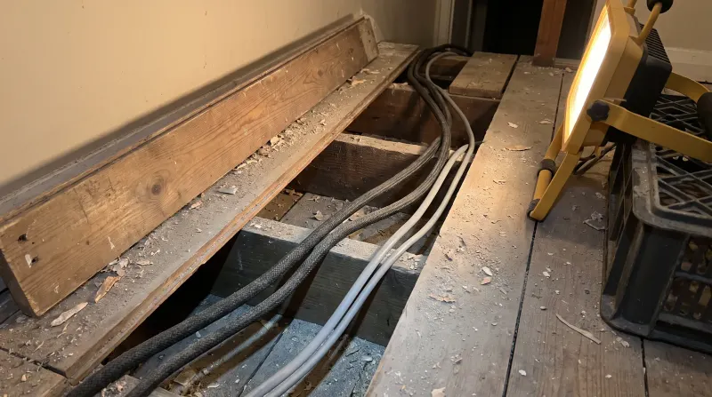 Old rubber-sheathed and newer cable running together under lifted floorboards, found by an emergency electrician in Dagenham