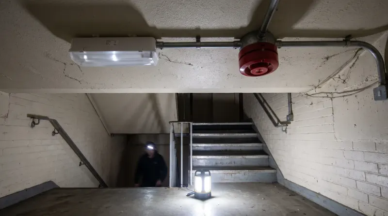 An emergency light and fire alarm sounder in a commercial stairwell, found by an emergency electrician in Dartford